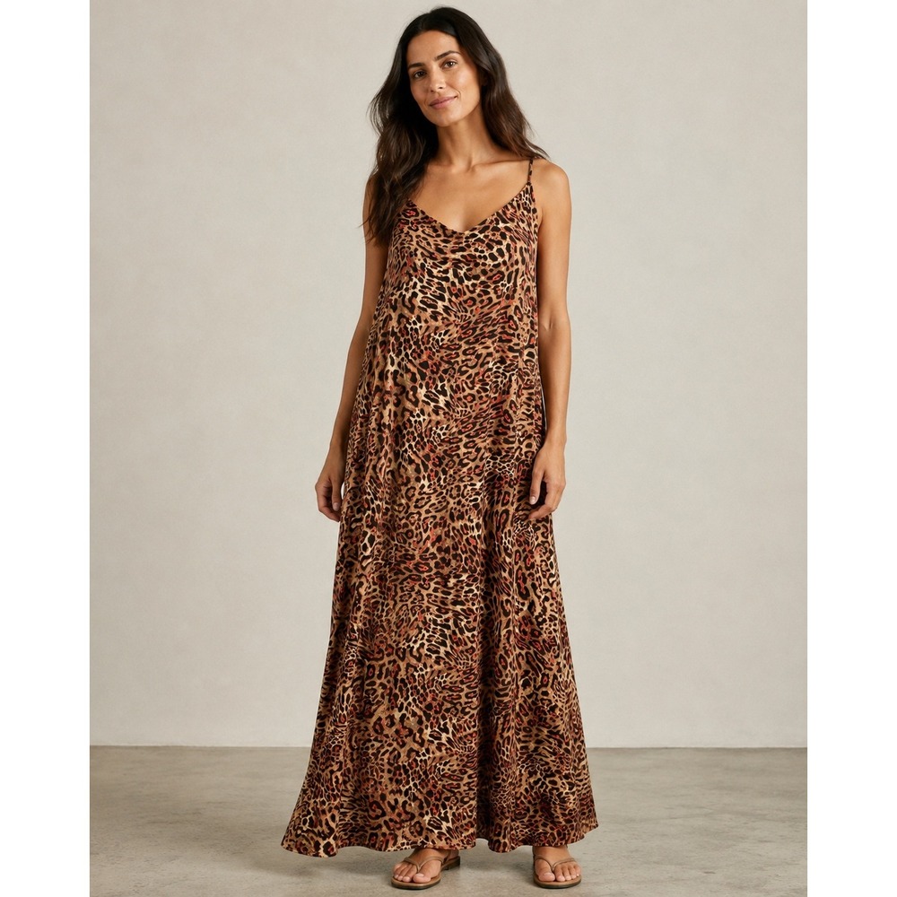 Nicole Miller Maxi Dress L Tan Leopard Animal Print boho relaxed cocktail